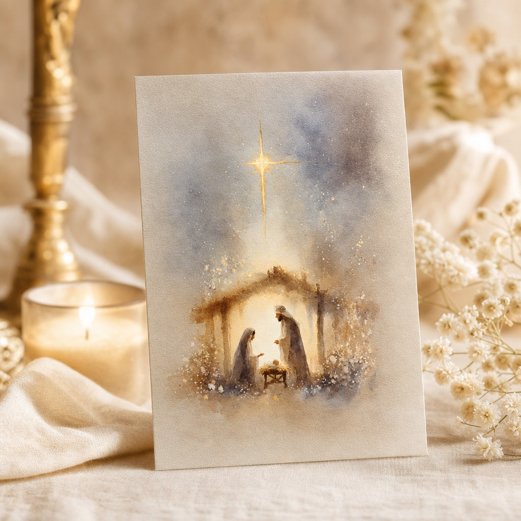 Nativity Light Christmas card with watercolor manger scene under the Star of Bethlehem, beside a candle