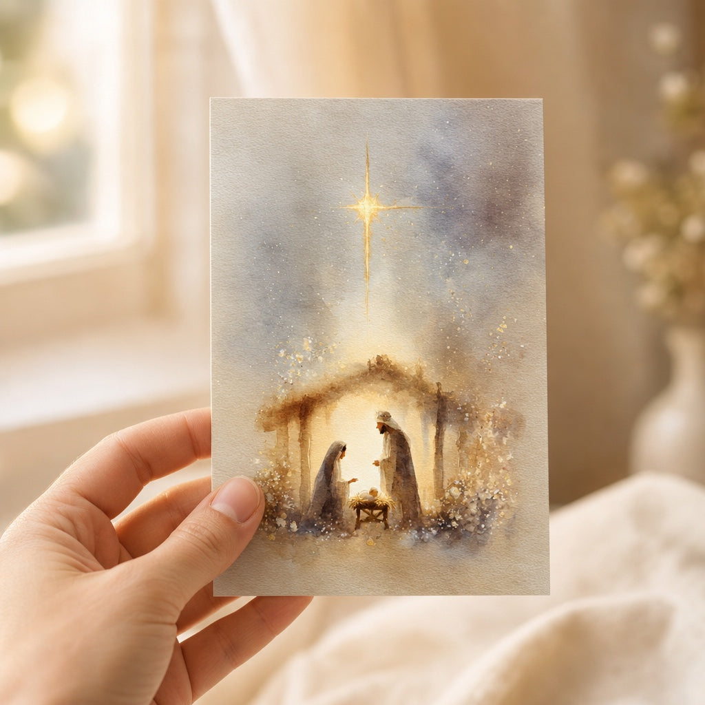Hand holding a 4x6 Nativity Christmas card with Mary, Joseph and baby Jesus in the manger