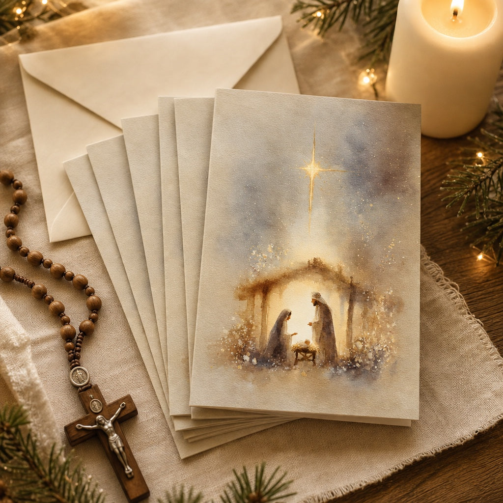 Nativity Light Christmas cards fanned out with an envelope, wooden rosary and pine branches