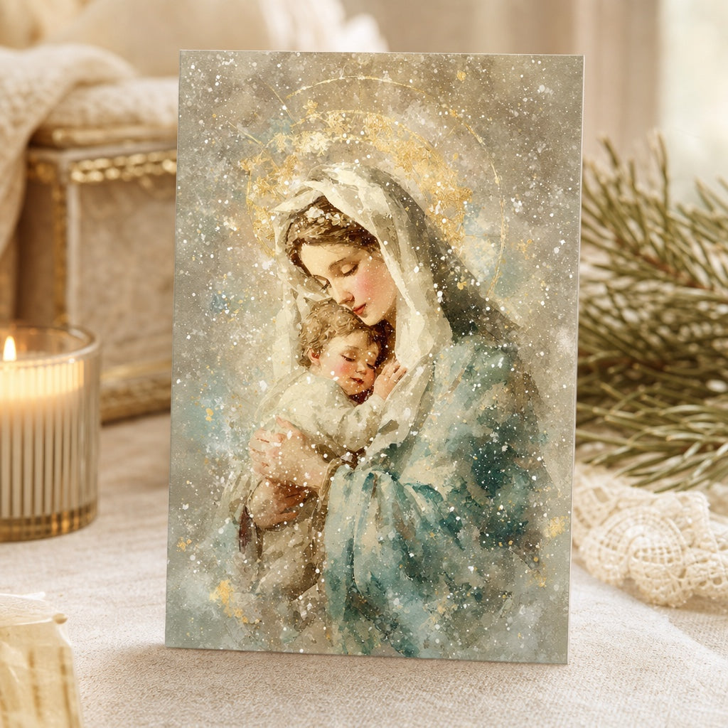 Snowy watercolor Christmas card of Mary holding baby Jesus in teal and gold, beside a candle and pine