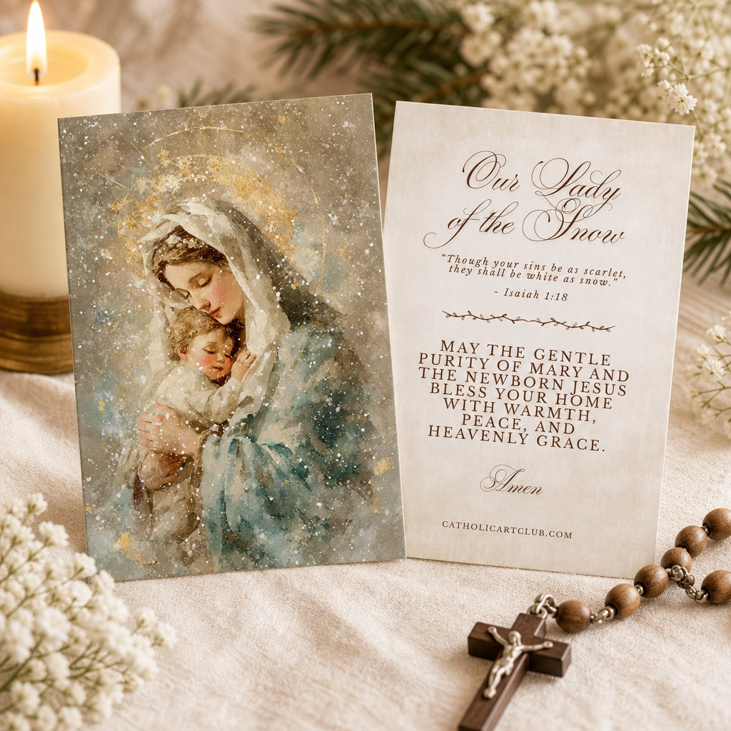 Front and back of Mary and baby Jesus Christmas card with Isaiah 1:18 blessing, candle and wooden rosary