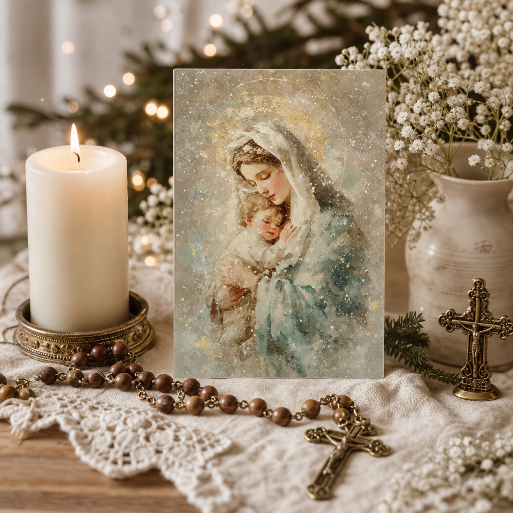 Mary and baby Jesus card on a Christmas altar with pillar candle, rosary and crucifix