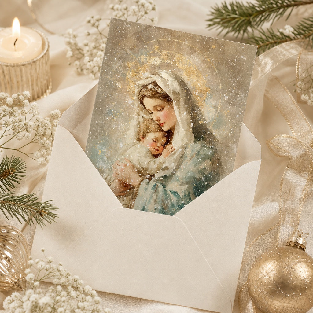 Snowy Mary and baby Jesus Christmas card in a cream envelope with gold ornaments and pine