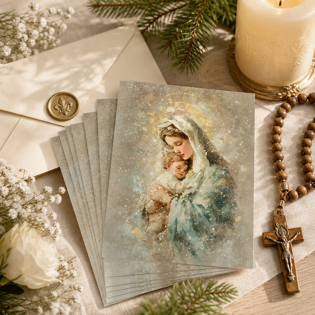 Mary and baby Jesus Christmas cards fanned out with a wax-sealed envelope and wooden rosary