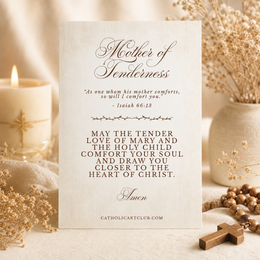 Back of Mother of Tenderness card with Isaiah 66:13 verse and a blessing of comfort