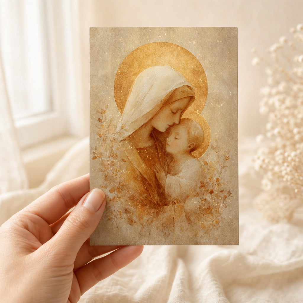Hand holding a 4x6 Mother of Tenderness prayer card in soft gold and cream tones
