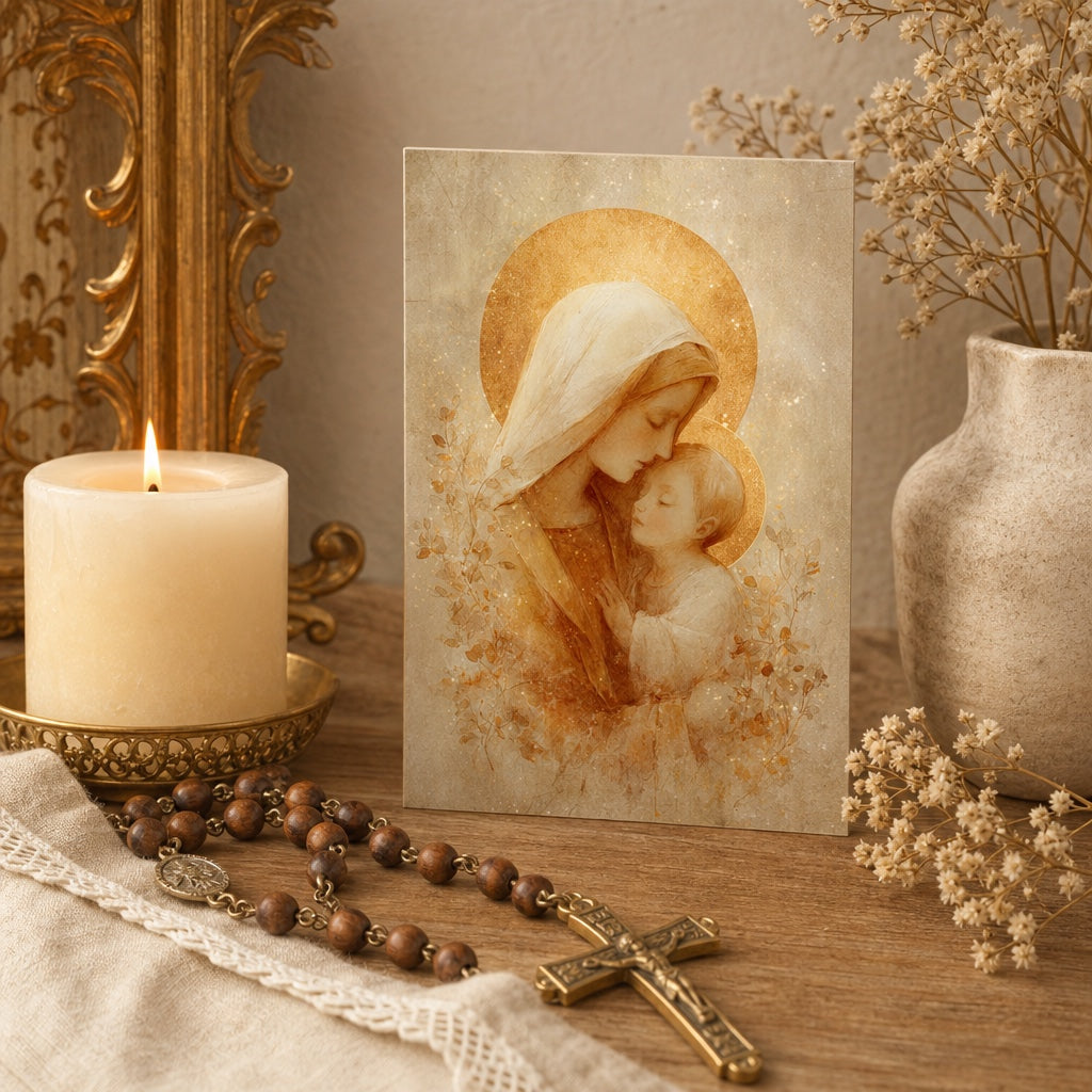 Mother of Tenderness card on a home altar with candle, wooden rosary and gold frame