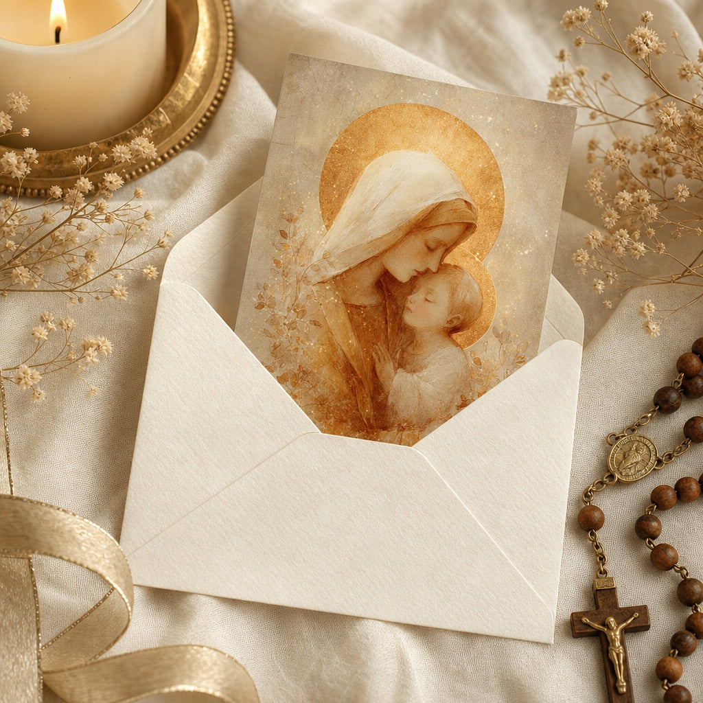 Mother of Tenderness card in a cream envelope with gold ribbon and rosary