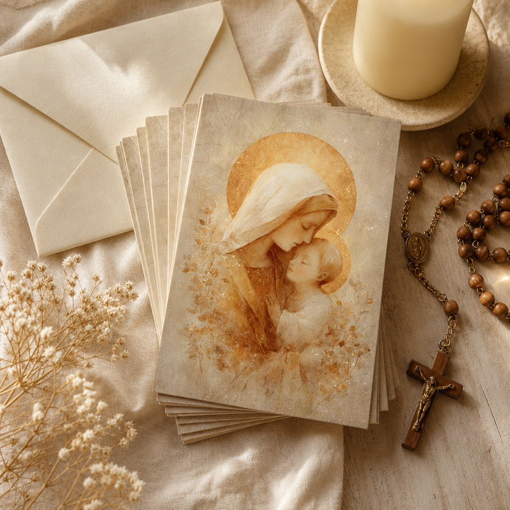 Mother of Tenderness prayer cards fanned out with an envelope, candle and wooden rosary
