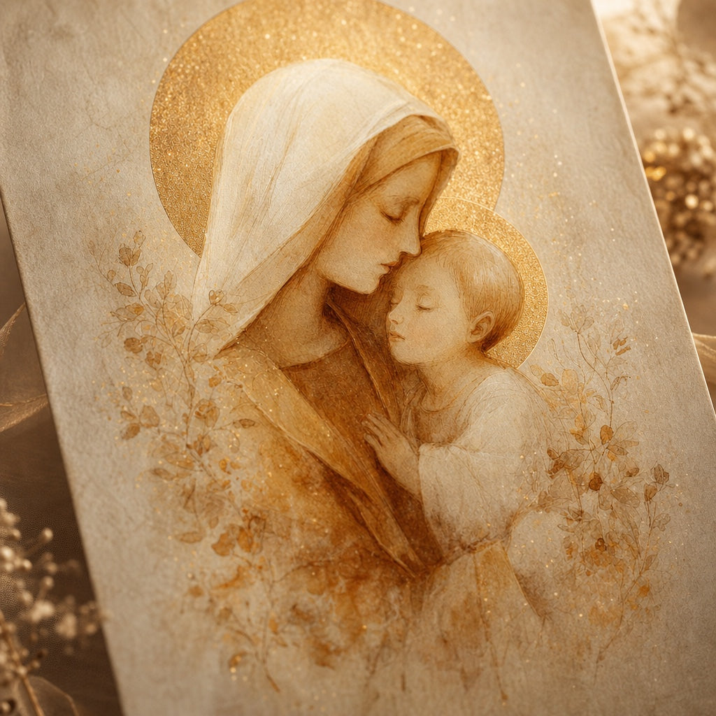 Close-up of the Virgin Mary and the Holy Child cheek to cheek under golden halos, Mother of Tenderness art