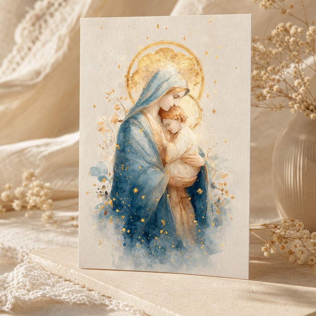 Queen of Heaven prayer card with Mary in a starry blue mantle holding the Christ Child, on cream stone