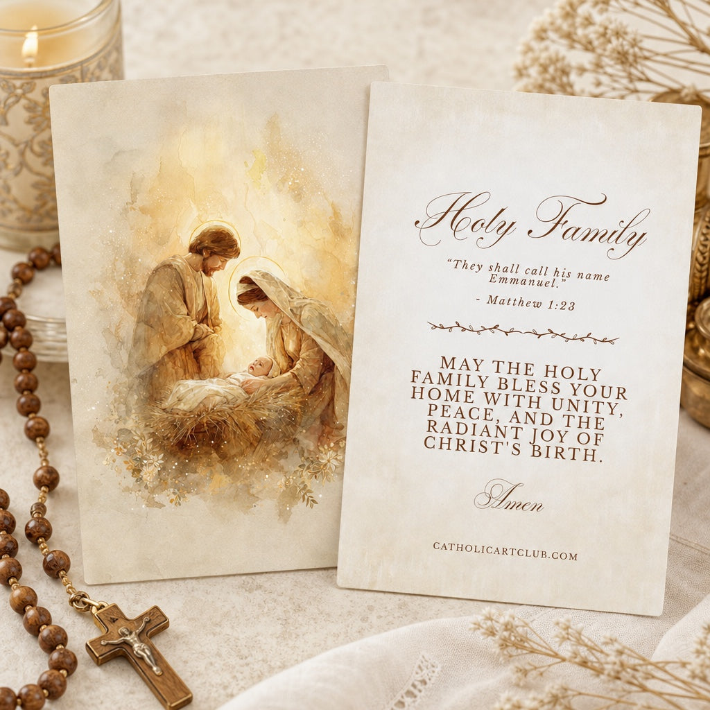 Front and back of Holy Family card with Matthew 1:23 and a family blessing, with candle and wooden rosary