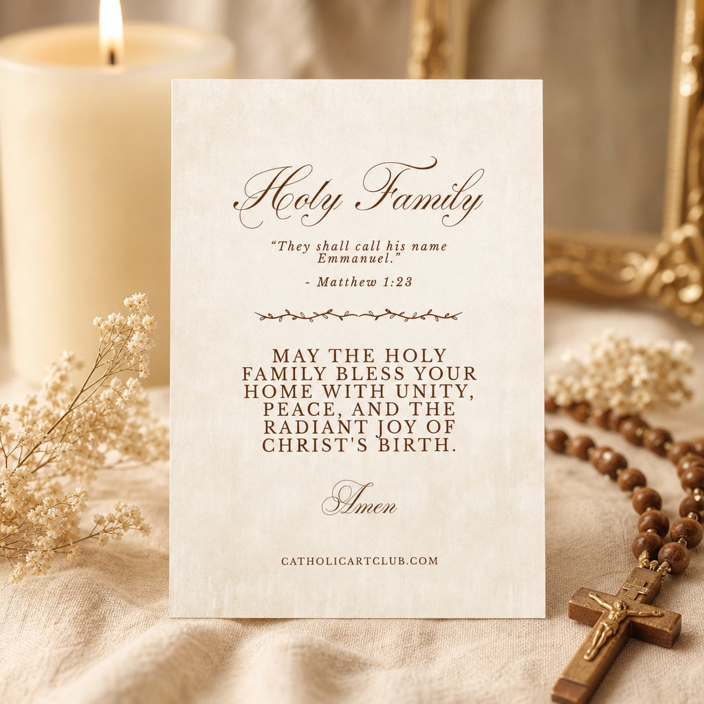 Back of Holy Family Christmas card with Matthew 1:23 verse and a blessing for the home