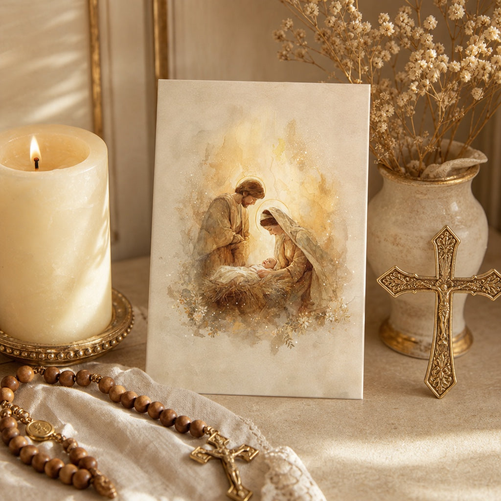 Holy Family card on a home altar with pillar candle, wooden rosary and gold cross