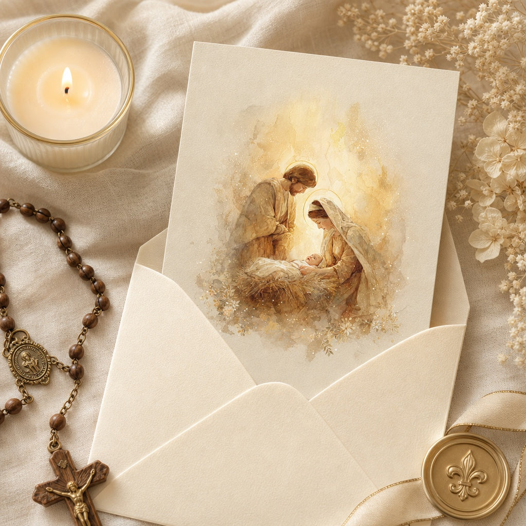 Holy Family Christmas card in a cream envelope with gold wax seal, candle and rosary