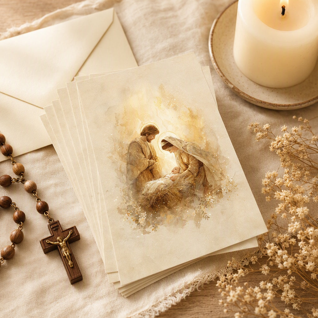 Holy Family Christmas cards fanned out with an envelope, candle and wooden rosary