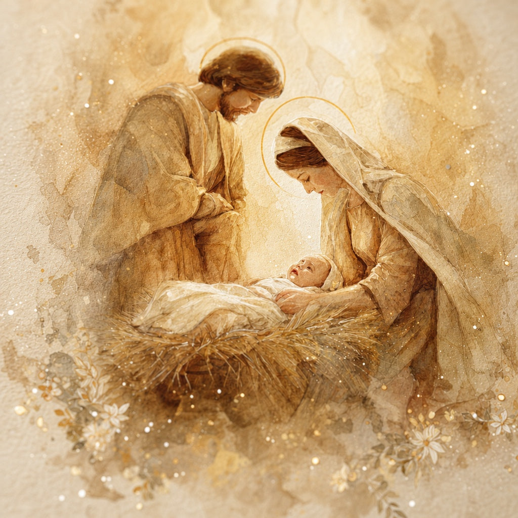 Close-up of Mary and Joseph with halos watching over baby Jesus in the manger, gold watercolor
