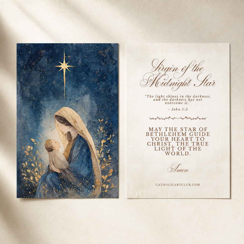 Front and back of Virgin of the Midnight Star card with John 1:5 and a Star of Bethlehem blessing