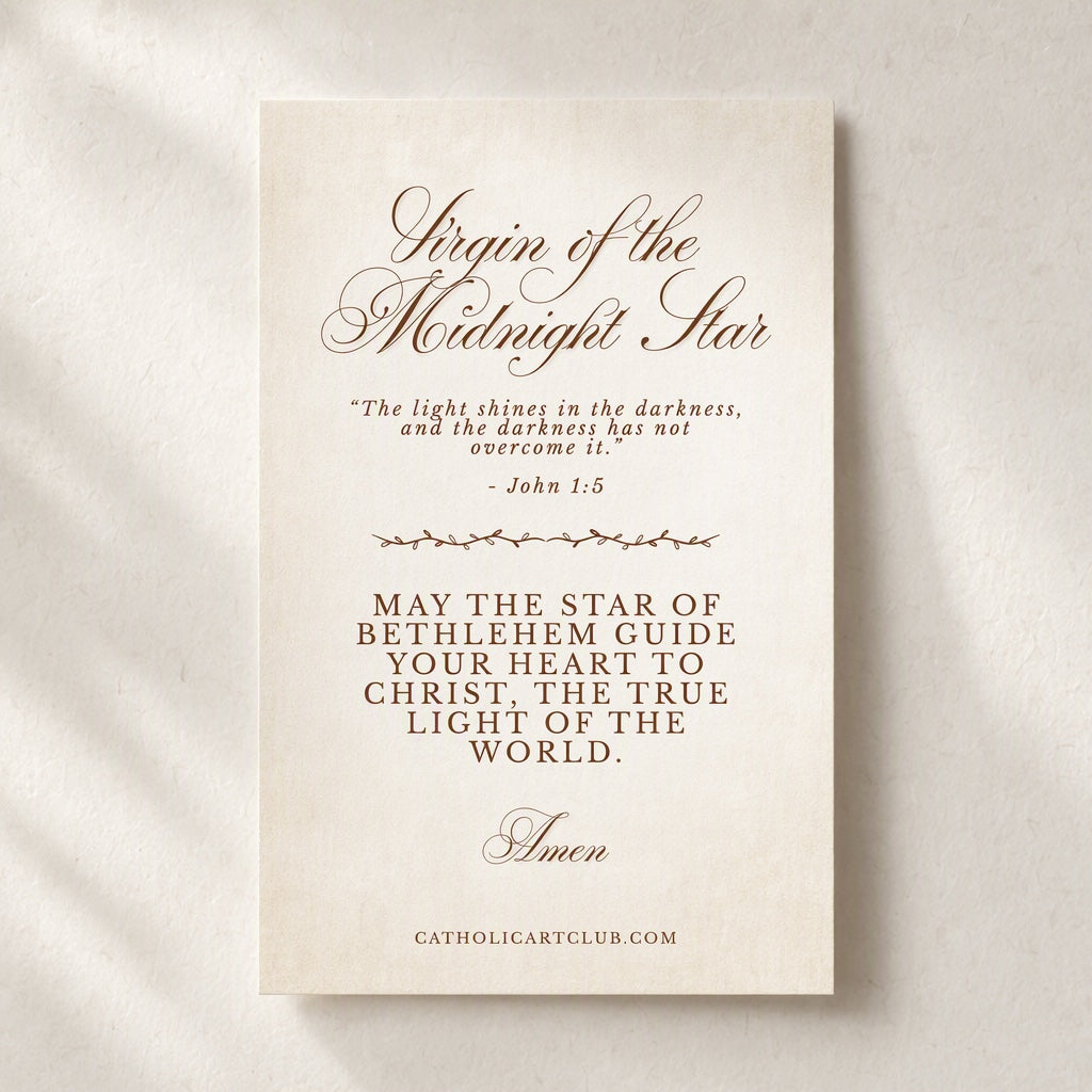 Back of Virgin of the Midnight Star Christmas card with John 1:5 verse and blessing