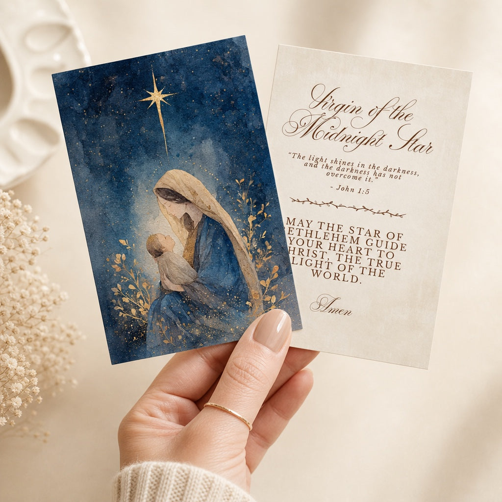 Hand holding front and back of a 4x6 Virgin of the Midnight Star Christmas prayer card