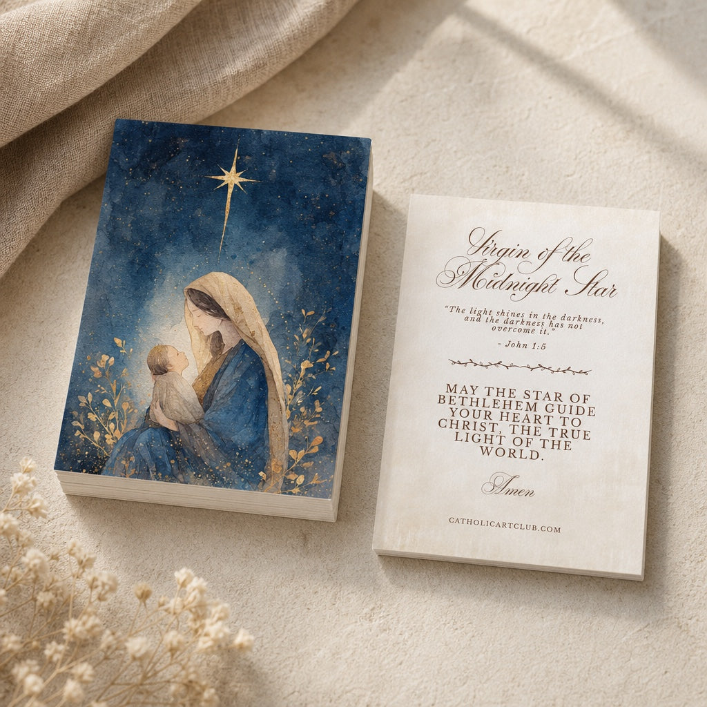 Stack of Virgin of the Midnight Star Christmas cards beside the card back with John 1:5