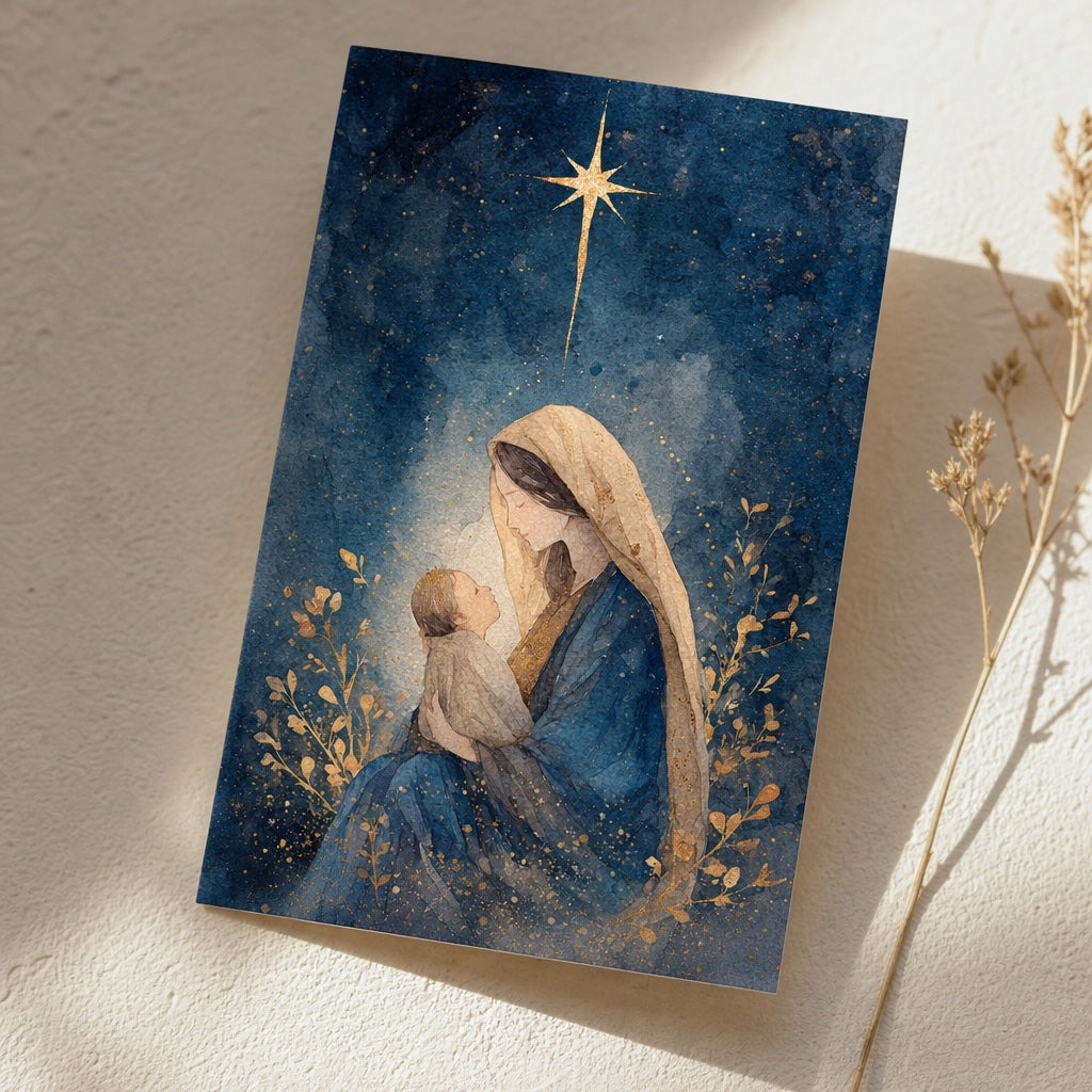 Close-up of Mary and the Christ Child in blue and gold watercolor under the Star of Bethlehem