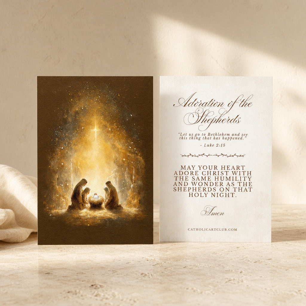 Front and back of Adoration of the Shepherds card with Luke 2:15 and a Christmas blessing