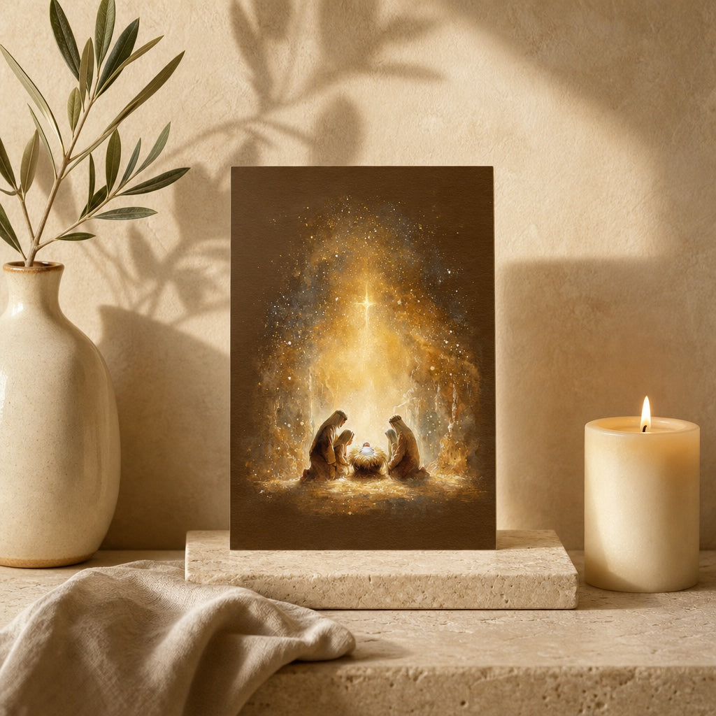 Adoration of the Shepherds card on a stone shelf with olive branch, candle and linen