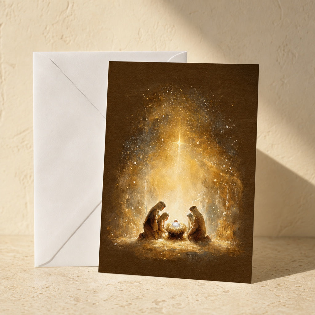 Adoration of the Shepherds Christmas card with a white envelope