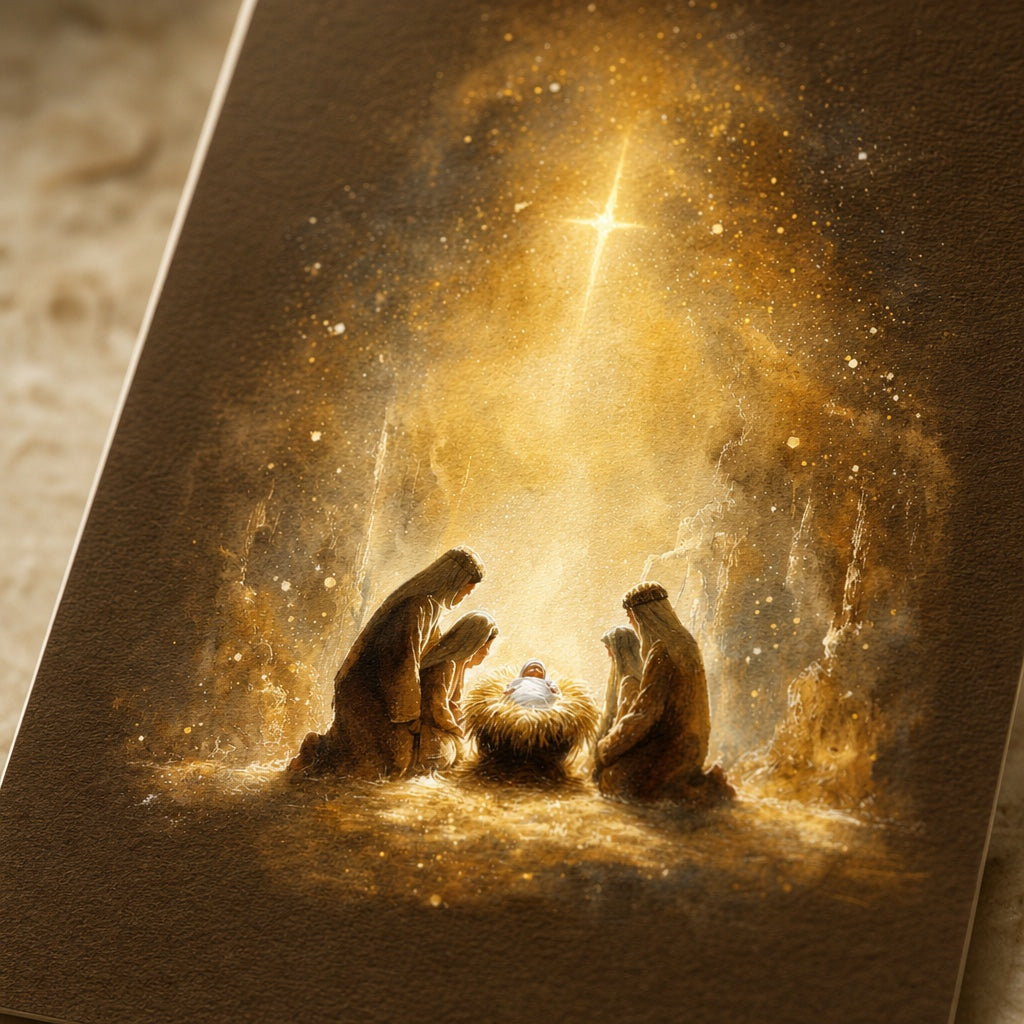 Close-up of shepherds and the Holy Family kneeling at the glowing manger under the Star of Bethlehem