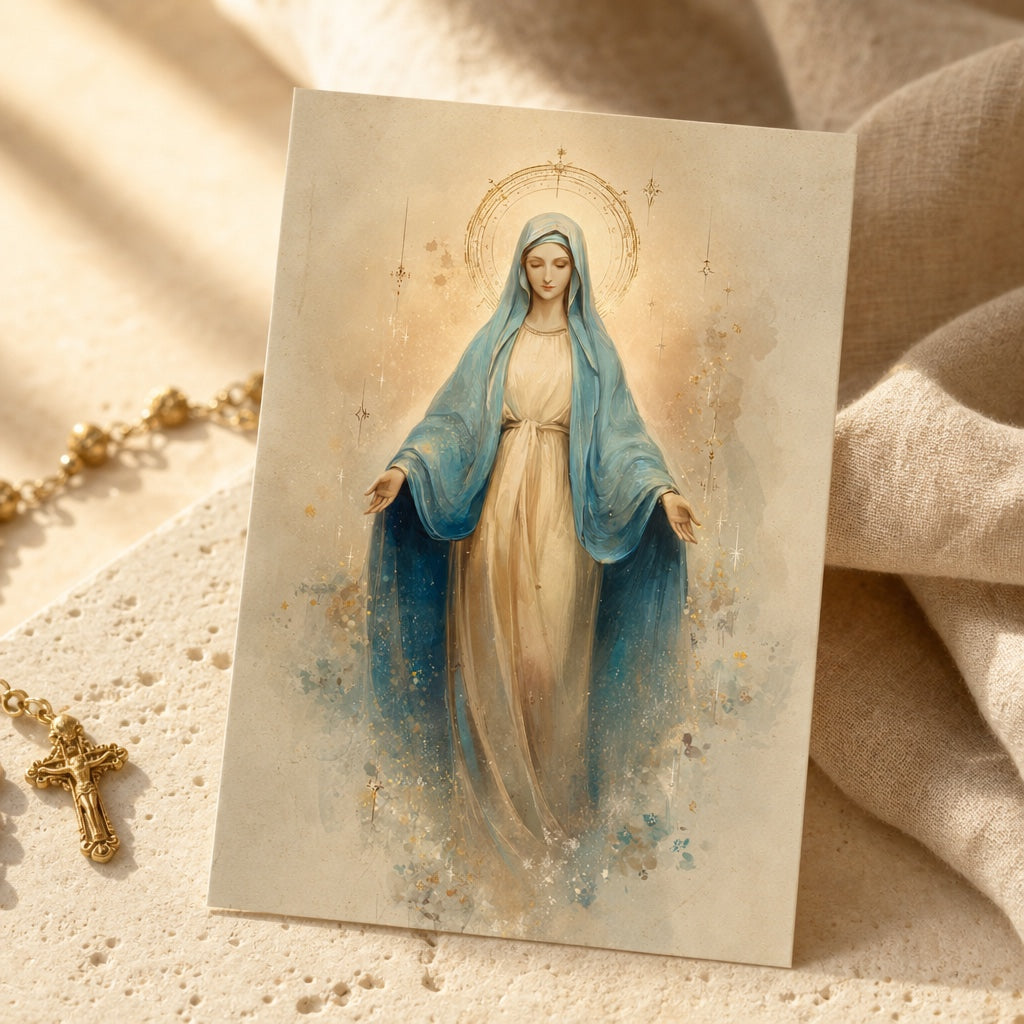Our Lady of Hope Magnificat prayer card with open arms in a blue mantle, beside a gold rosary on stone