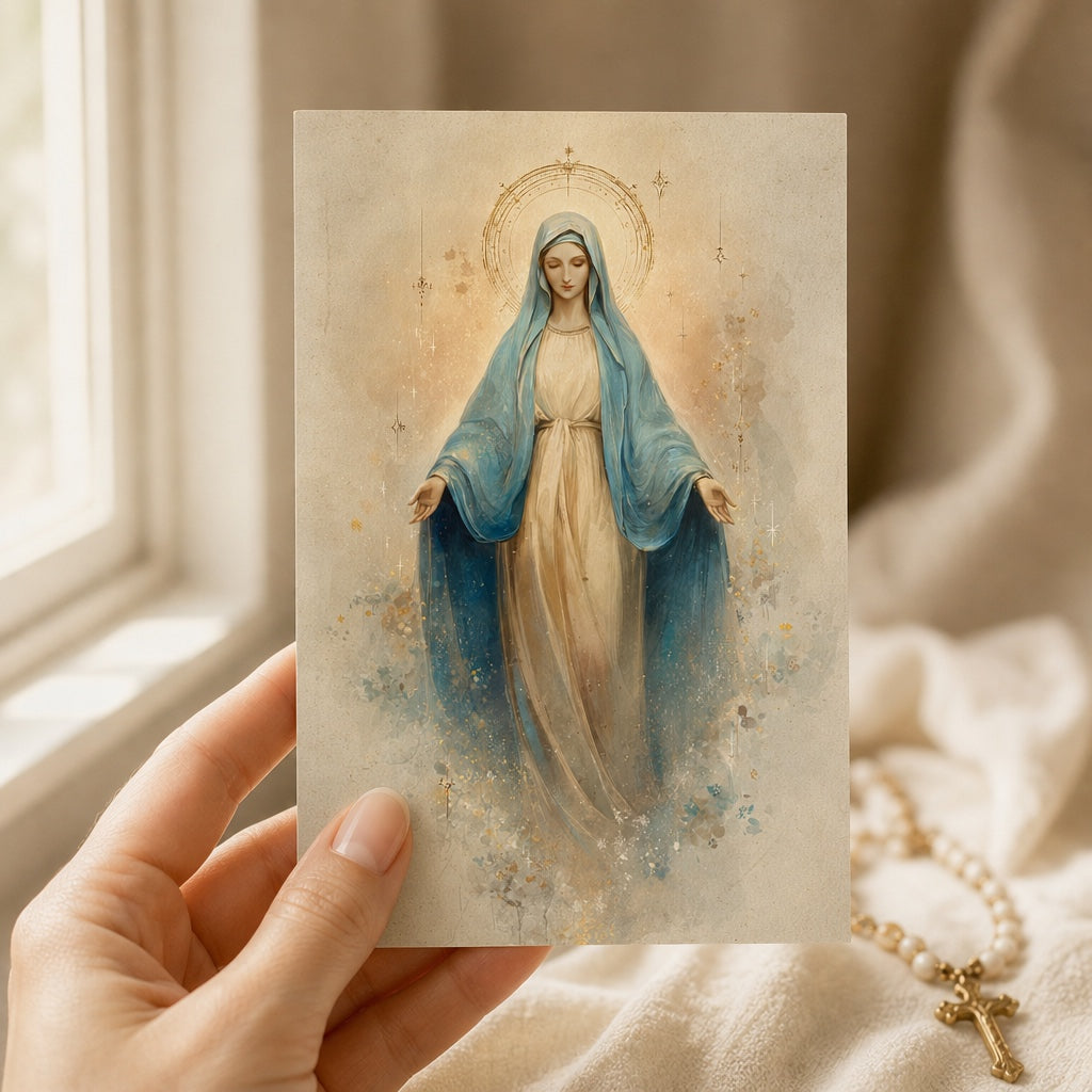 Hand holding a 4x6 Our Lady of Hope Magnificat prayer card in soft blue and gold