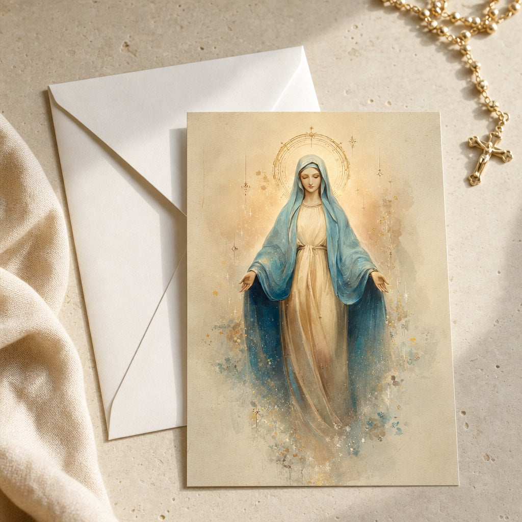 Our Lady of Hope Magnificat prayer card with a white envelope and gold rosary