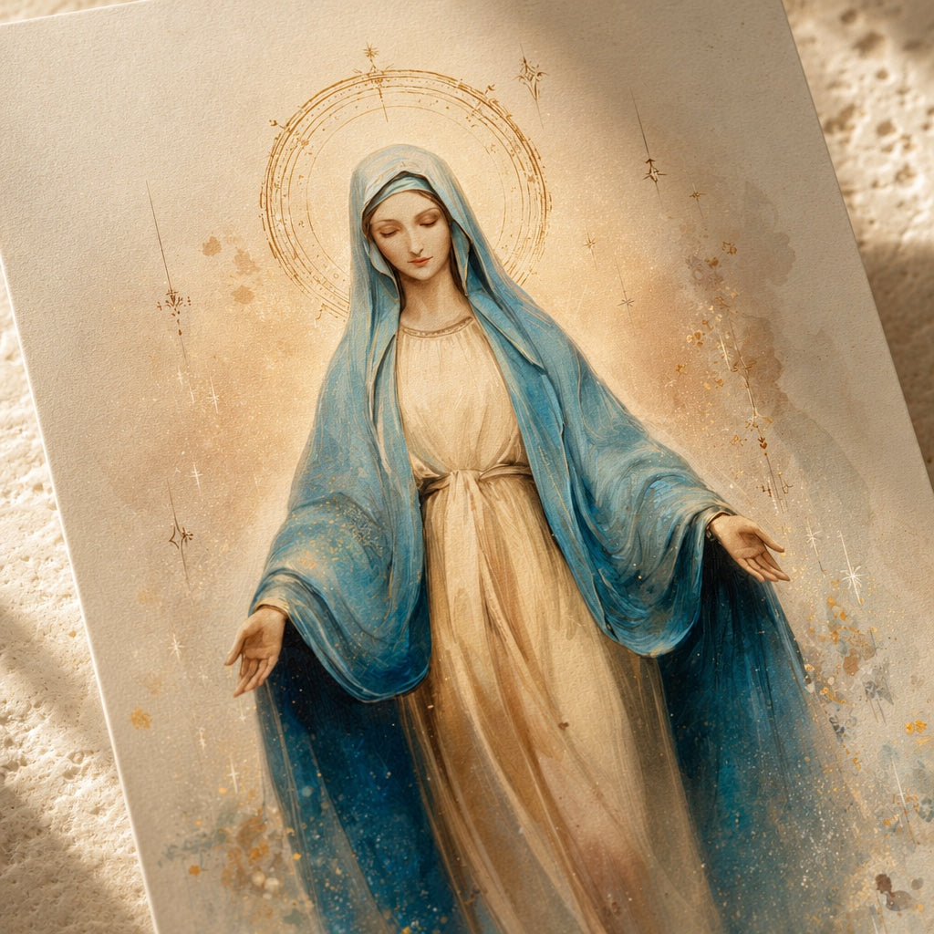 Close-up of the Virgin Mary with outstretched hands, blue mantle and golden halo in watercolor
