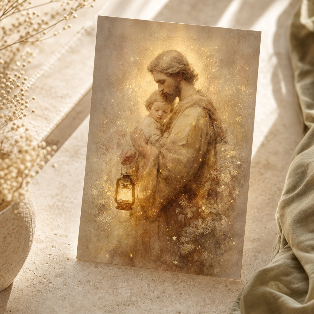 St. Joseph Guardian of Light prayer card: St. Joseph cradling the sleeping Child Jesus and holding a glowing lantern, in warm gold tones