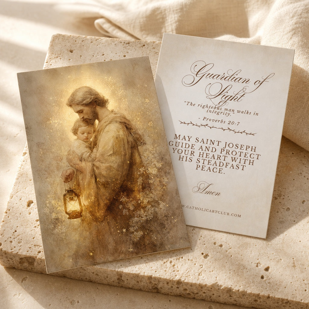 Front and back of the St. Joseph Guardian of Light card with Proverbs 20:7 and a blessing on an ivory back, on travertine stone