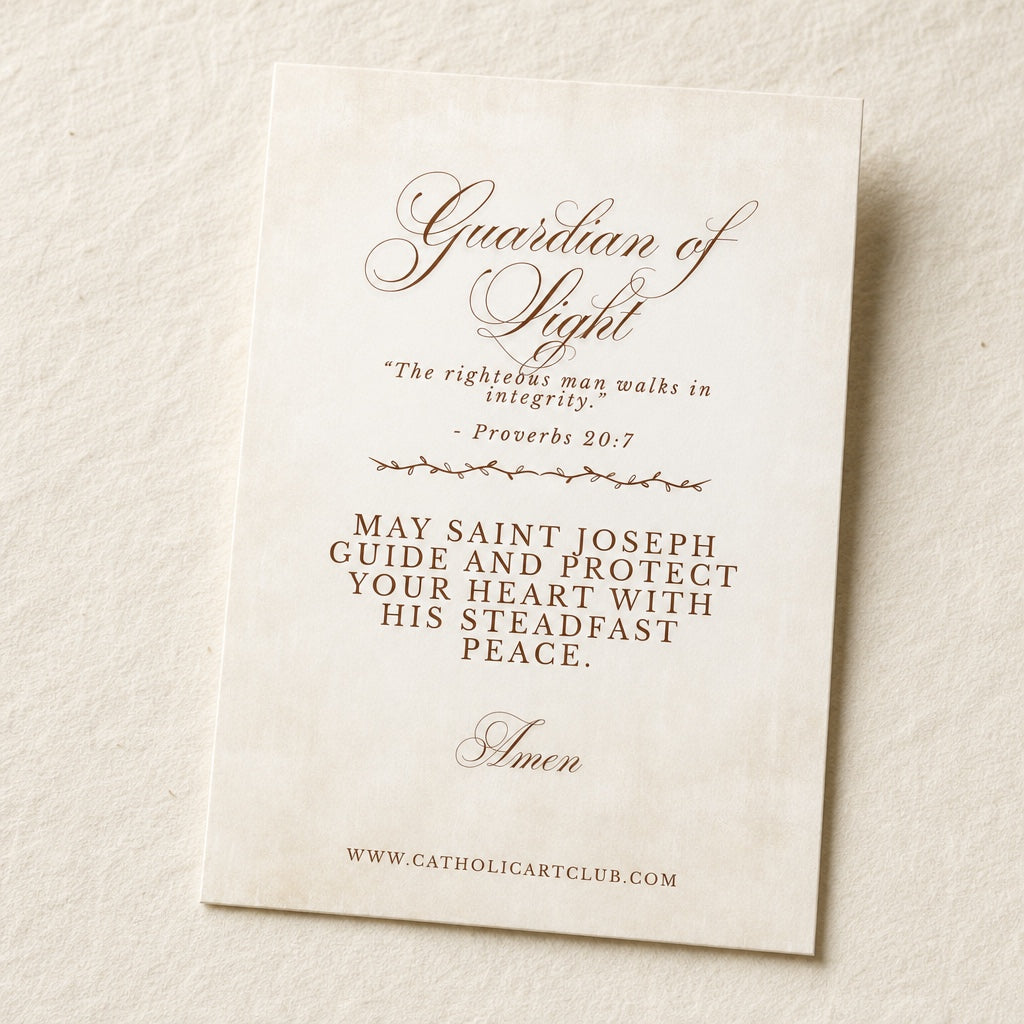 Back of the St. Joseph card: The righteous man walks in integrity, Proverbs 20:7, and May Saint Joseph guide and protect your heart with his steadfast peace