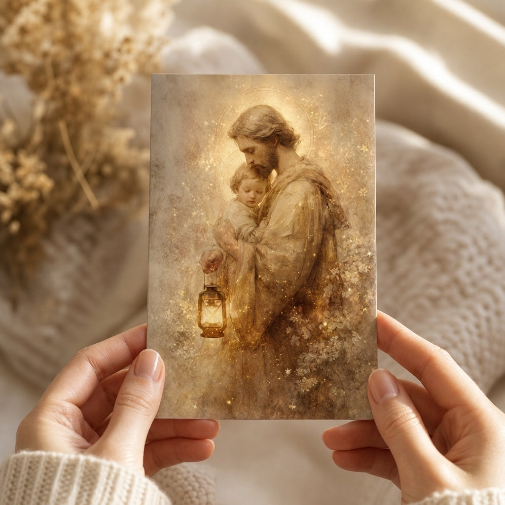 Two hands holding a 4x6 St. Joseph Guardian of Light Christmas prayer card