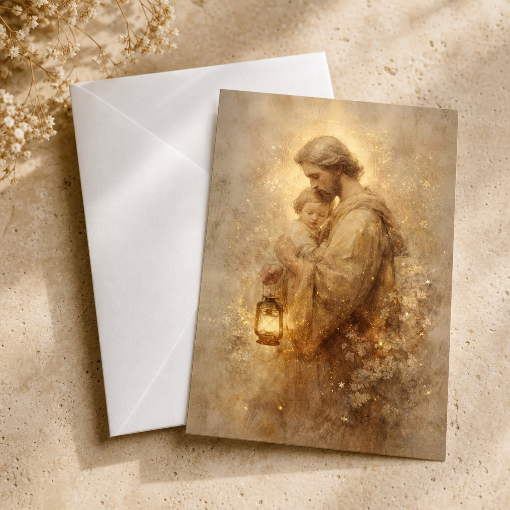 St. Joseph Guardian of Light prayer card with a white envelope and dried baby's breath