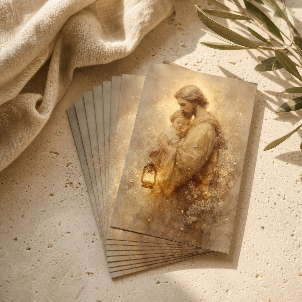 Fanned set of St. Joseph Guardian of Light prayer cards with linen and an olive branch