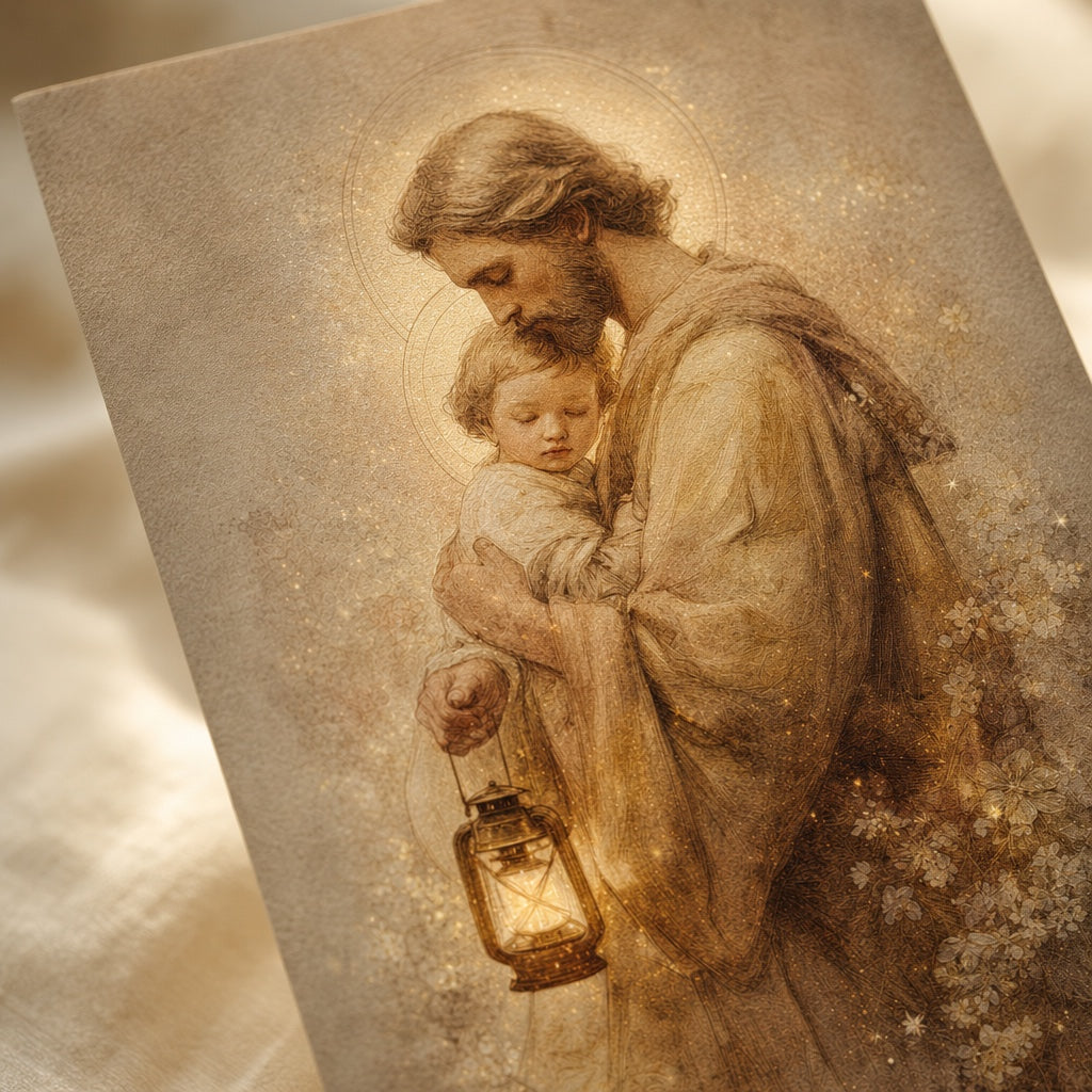Close-up of St. Joseph with a golden halo holding the Christ Child close, a lantern in his hand