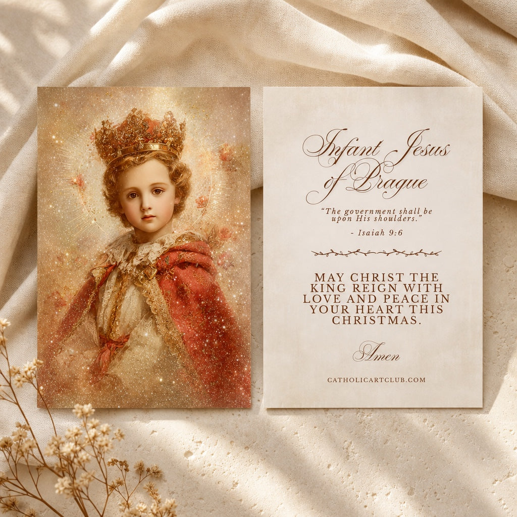Front and back of the Infant Jesus of Prague card with Isaiah 9:6 and a Christmas blessing on an ivory back