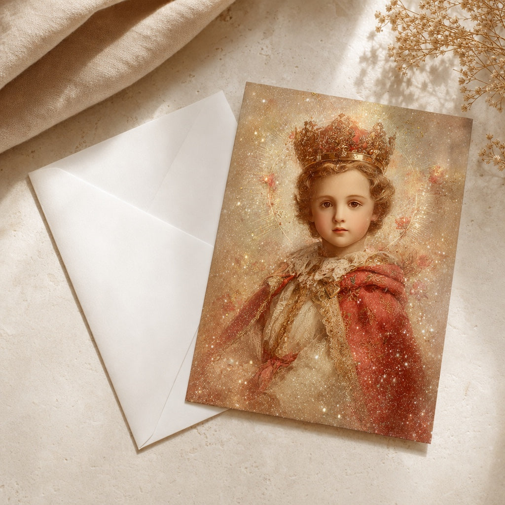 Infant Jesus of Prague prayer card with a white envelope and dried flowers, ready to tuck into a Christmas card