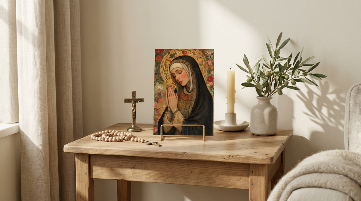 Catholic prayer corner with prayer card, rosary and candle