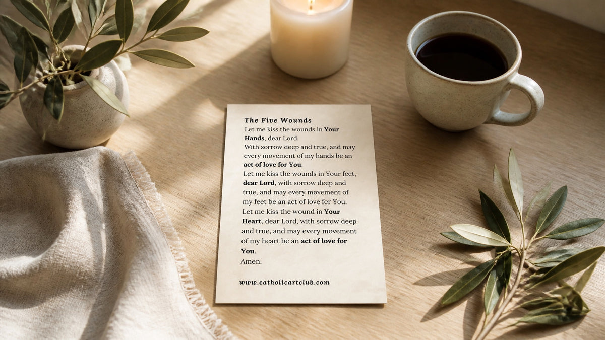 Catholic prayer card on a table during everyday prayer