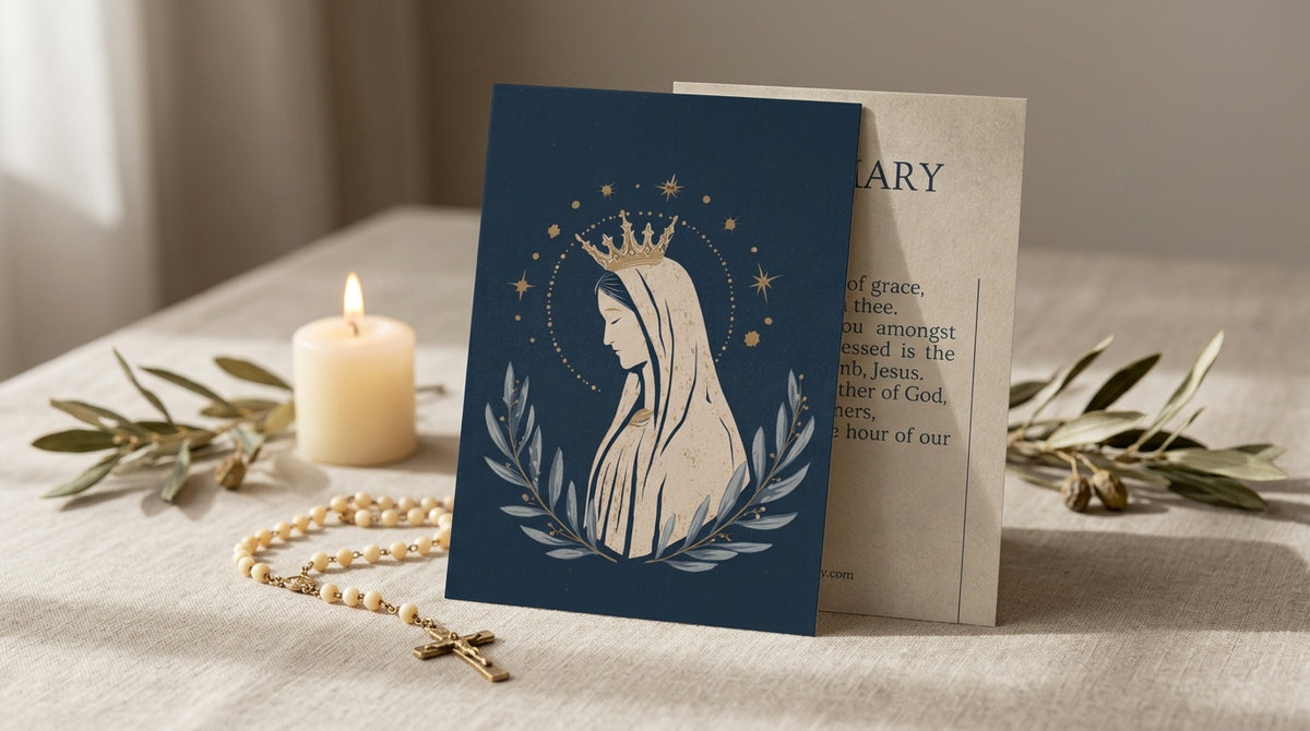 Hail Mary Catholic prayer card with rosary and candle